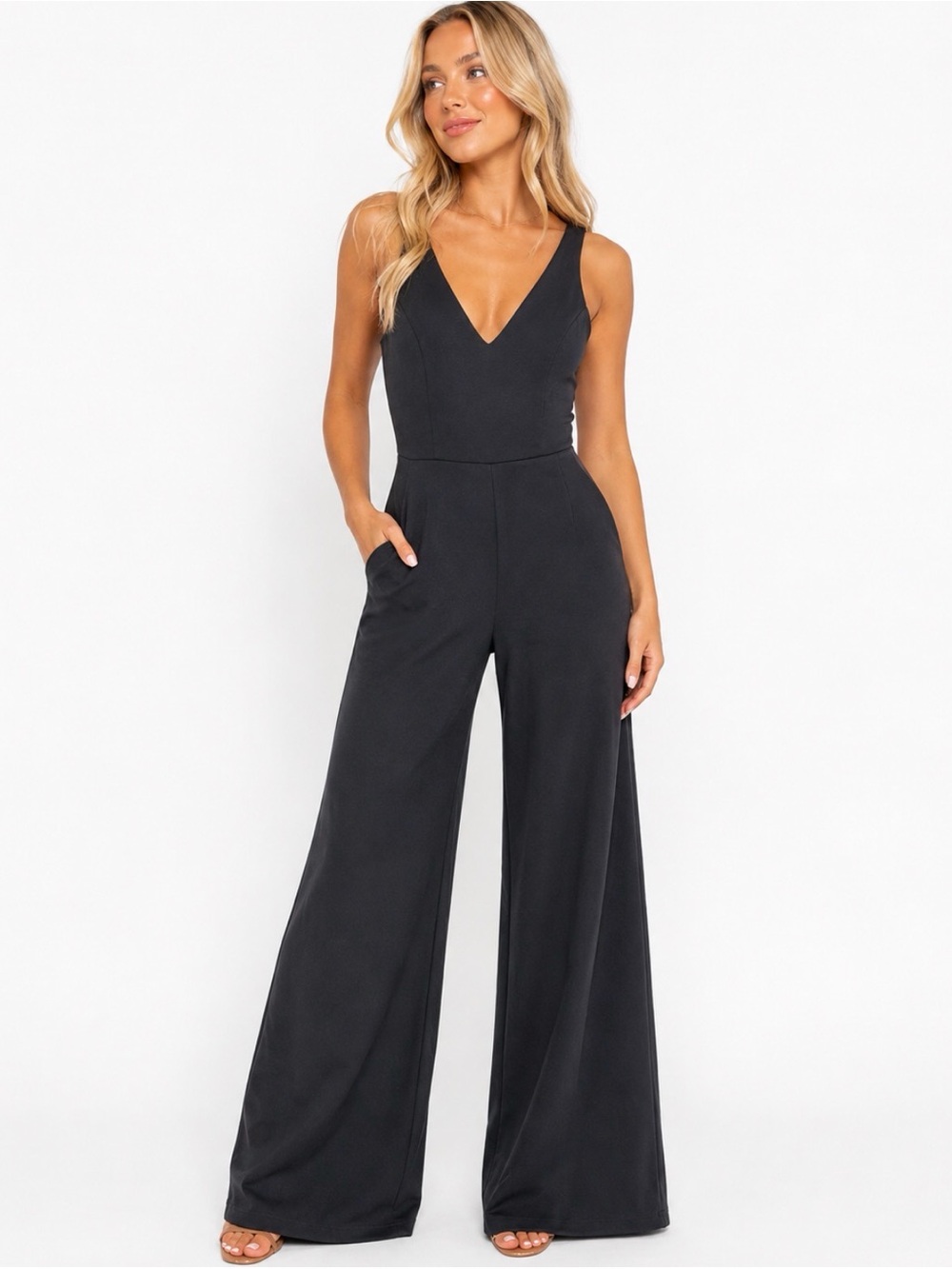 V-Neck Wide-Leg Jumpsuit in Black